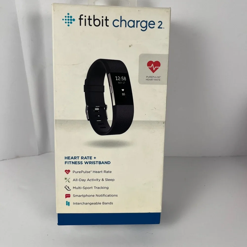 Fitbit Charge 2 Heart Rate Fitness Wristband Black Stainless Steel Large New